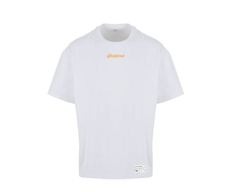 T-shirt Memories blanc à plat, devant avec l'impression orange BackStage